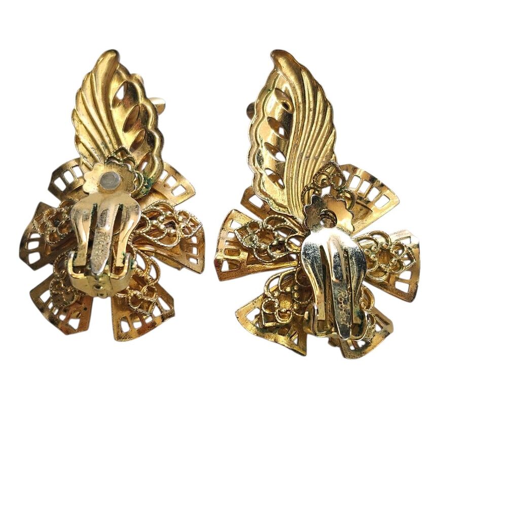 Original by Robert Clip On Earrings Blue Flower Rhinestone Gold Filigree VTG 50s - Picture 4 of 8